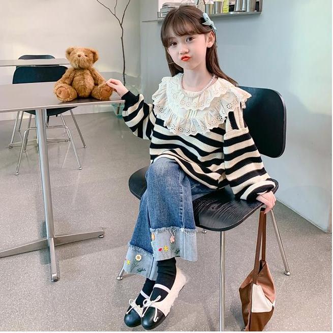 女童秋季衛衣外套2023新款洋氣時髦春秋款潮ins百搭長袖條紋上衣