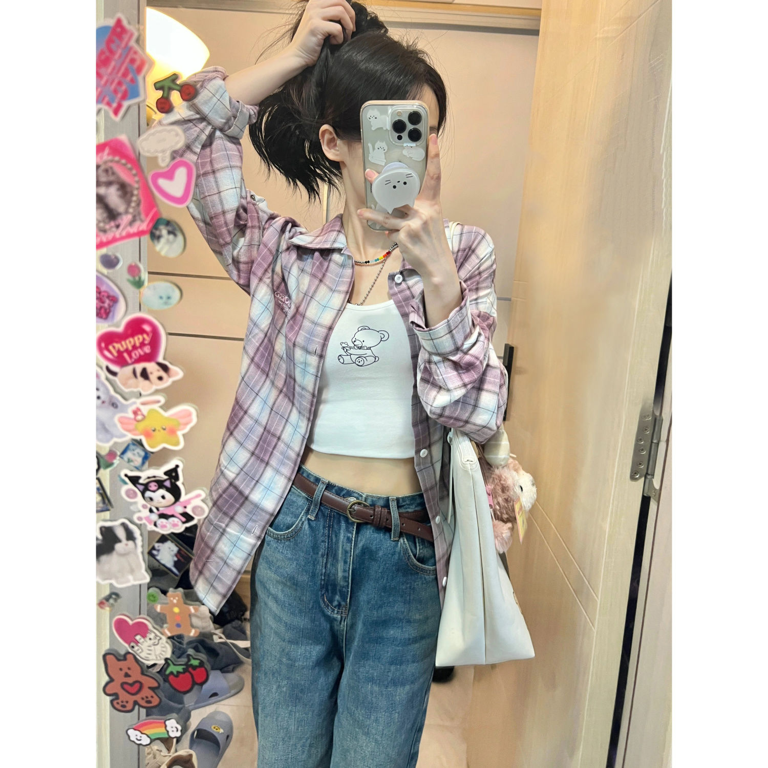 慵懶風韓系復古格紋襯衫外套女寬鬆休閒顯瘦襯衣春秋季外穿上衣潮