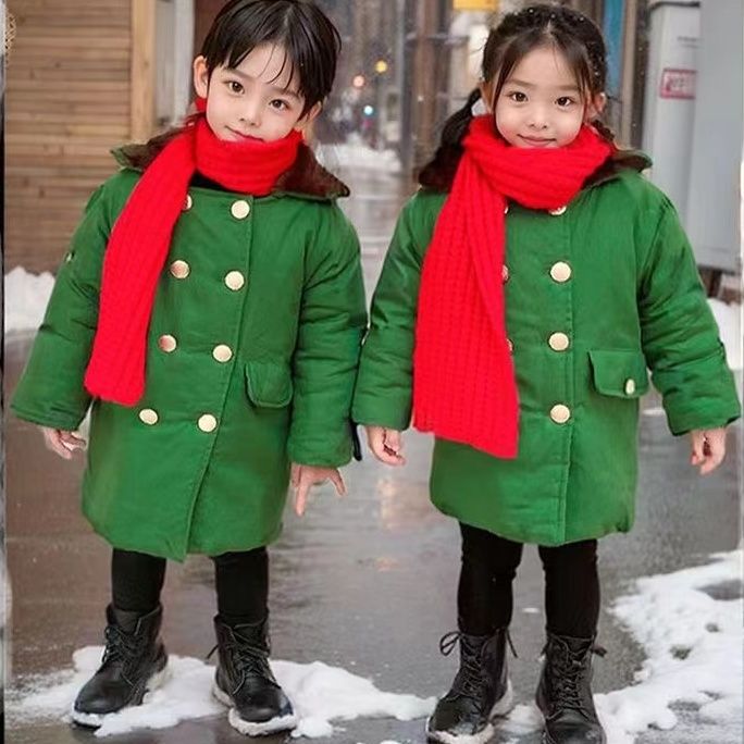 儿童军绿色大衣男童保暖中长款宝宝冬季加绒加厚外套小孩棉衣棉服