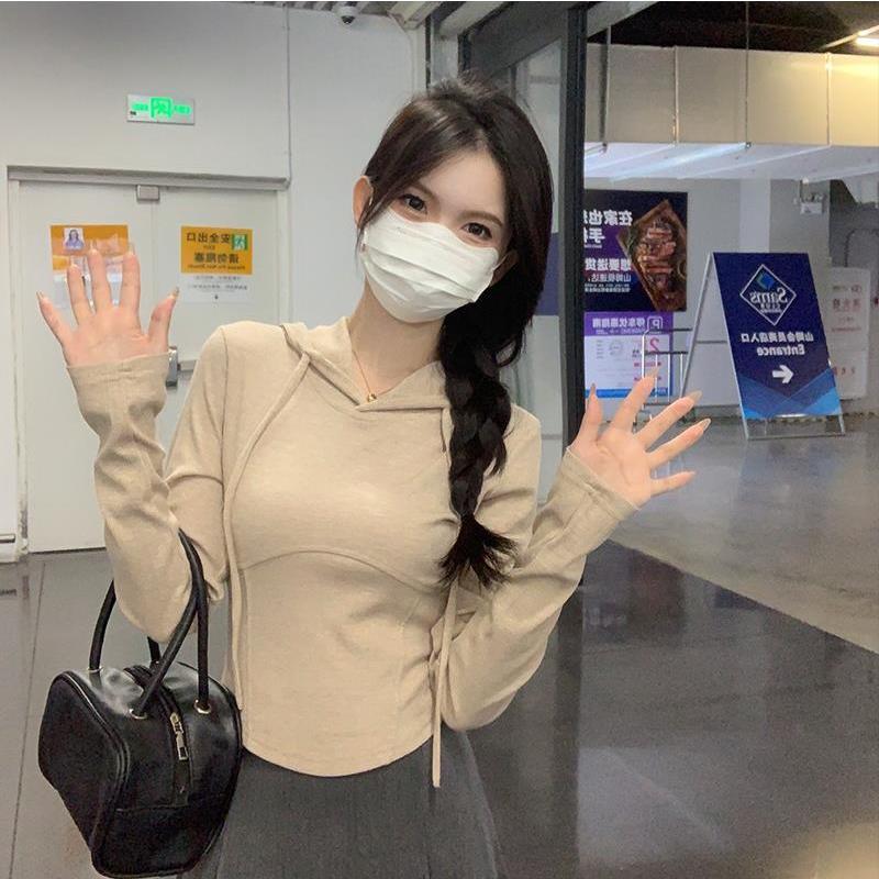 弧形下擺長袖上衣女2023新款秋季美拉德穿搭小個子連帽疊穿打底衫