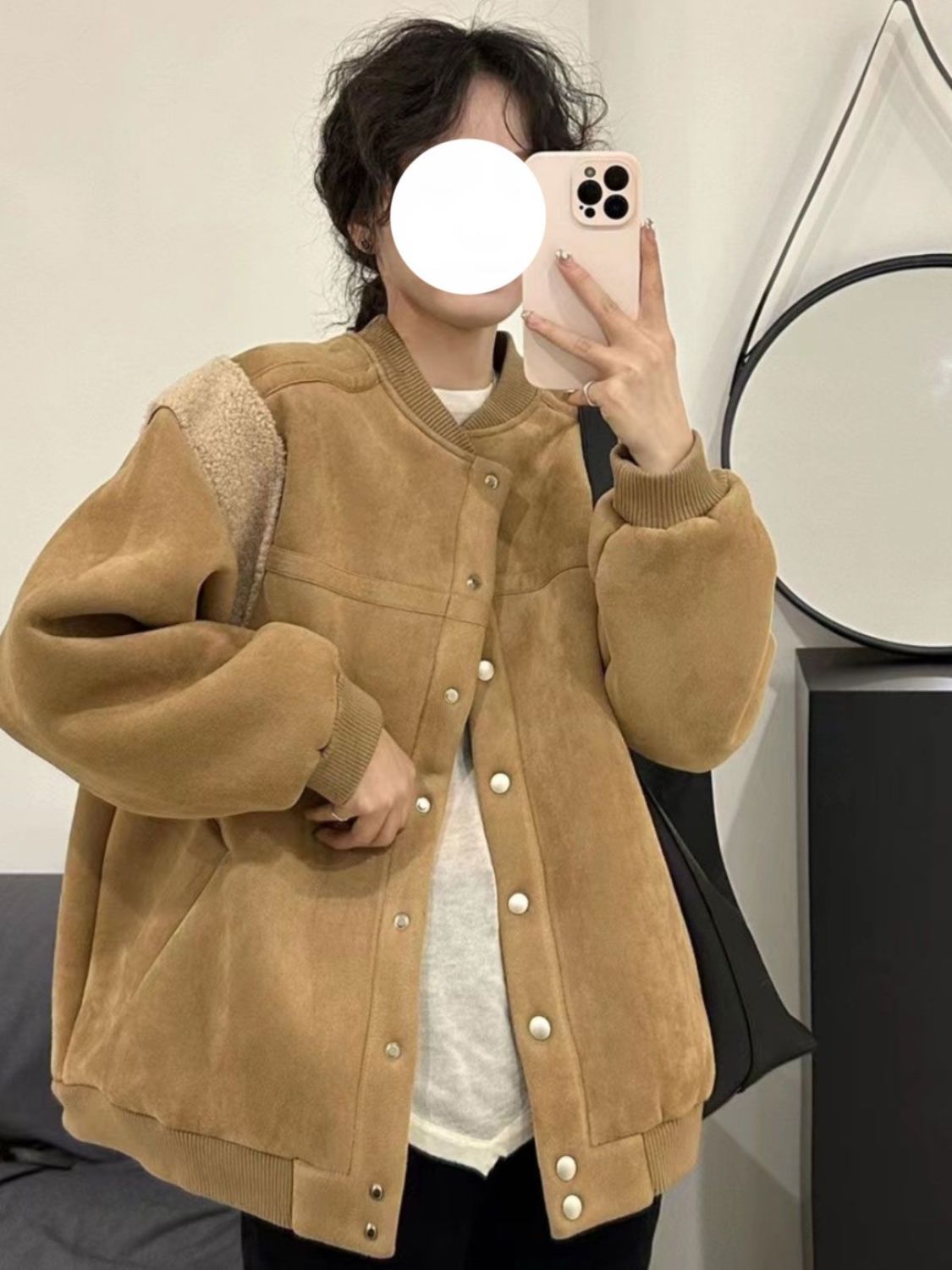 歐貨拼接羊羔毛百搭寬鬆顯瘦單排扣棒球服外套2023秋冬加厚棉衣女