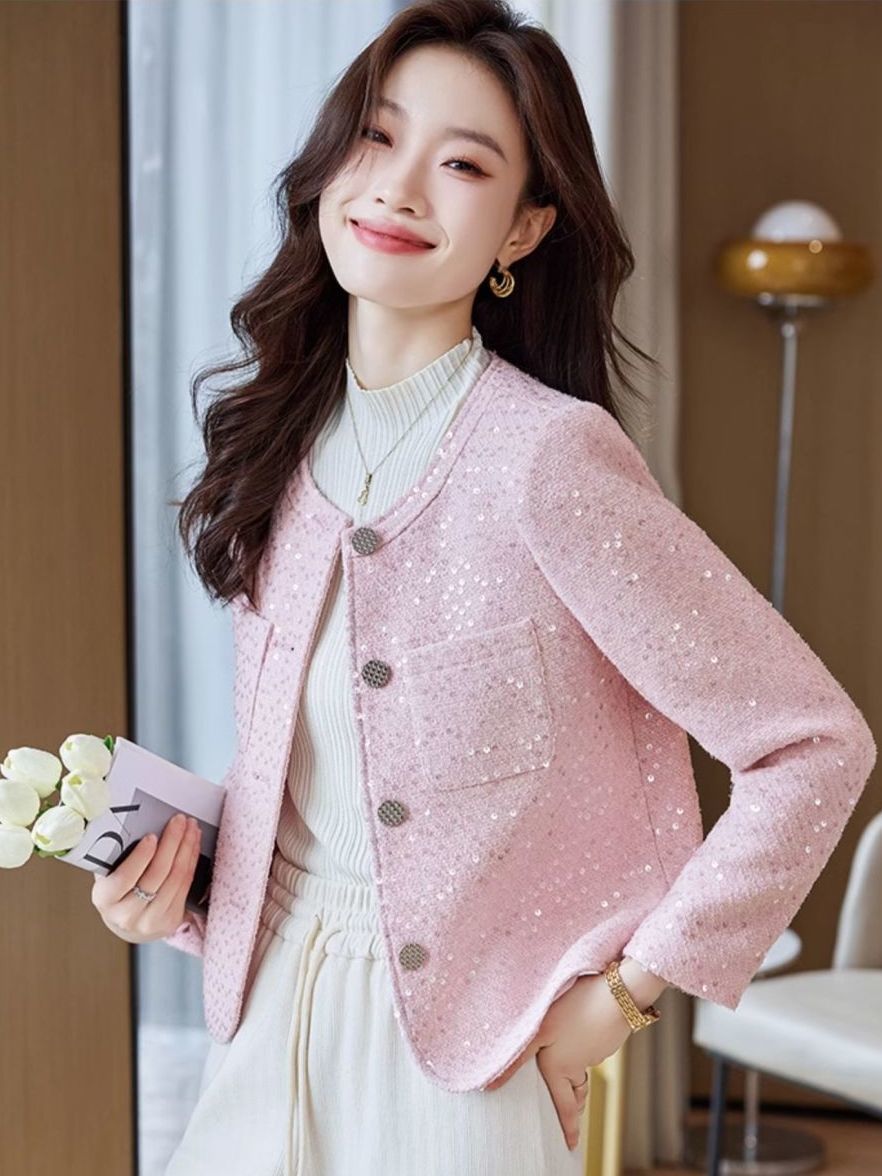 Xiaoxiangfeng pink long-sleeved women's short coat autumn new 2023 spring, autumn and winter temperament cardigan top women's autumn clothing