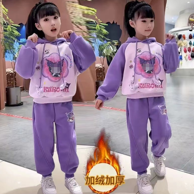 女童加絨加厚套裝2023新款秋冬裝洋氣兒童卡通服裝兒童運動兩件套