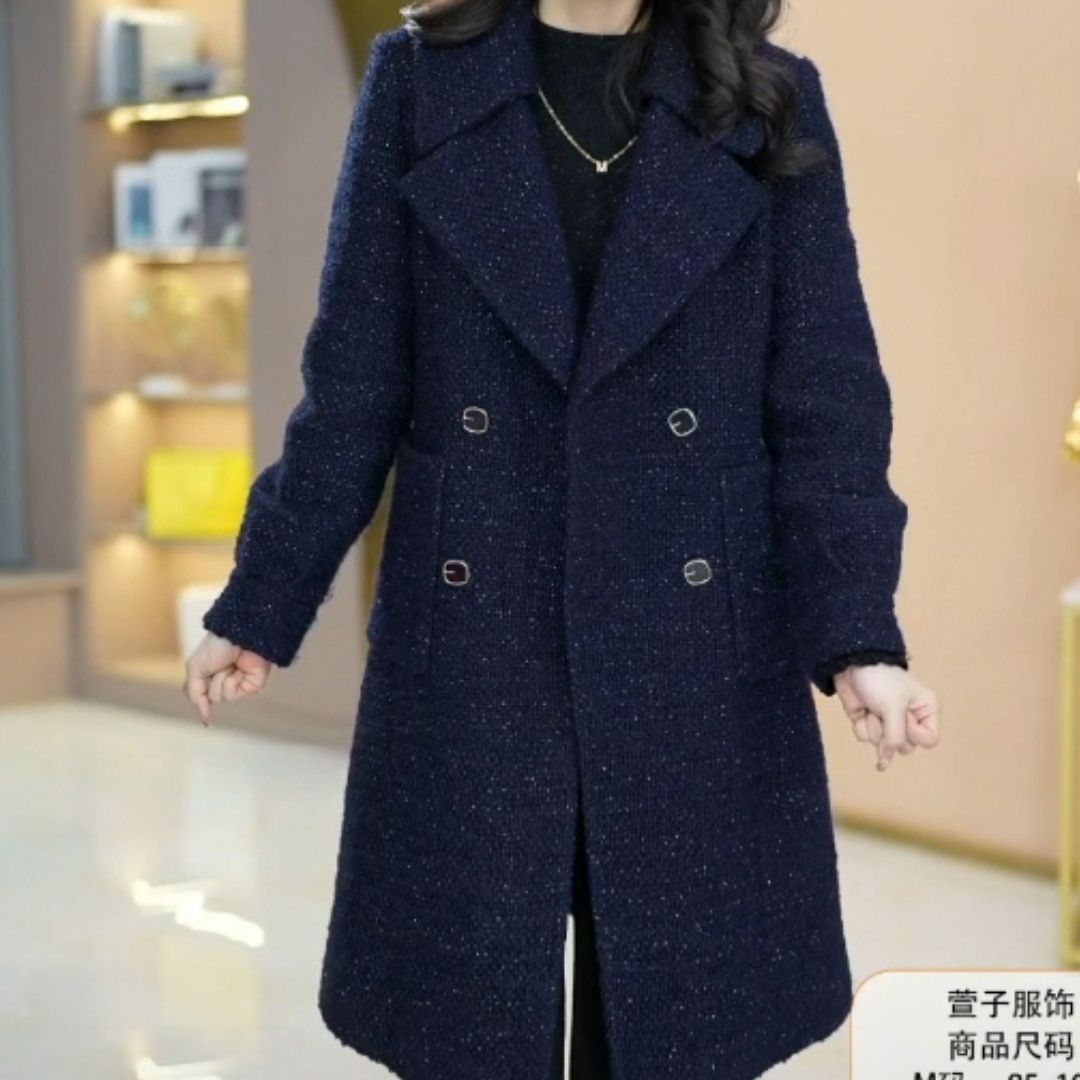 陽光絨精紡高檔中長款大衣2023秋冬款夾棉加厚名媛西裝領顯瘦外套