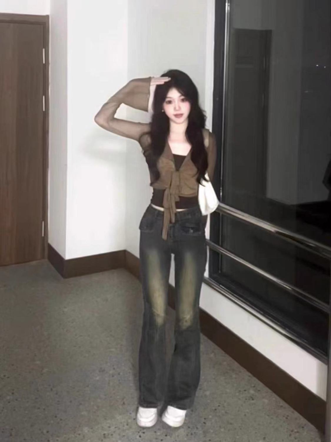 復古藍做舊微喇叭牛仔褲女秋冬小個子高腰修身彈力辣妹顯瘦馬蹄褲