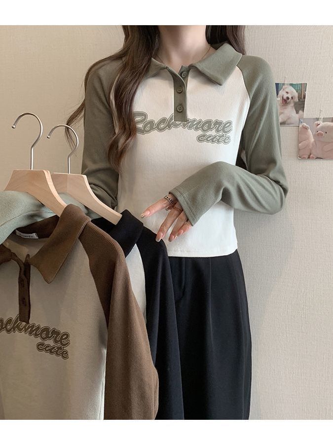 美式復古插肩長袖t恤女2023早秋新款Polo領短款洋氣修身打底上衣