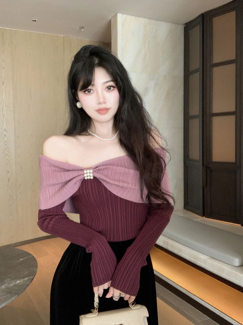 Contrast color one-shoulder lapel pearl sweater, temperament long-sleeved top, women's autumn and winter sexy slimming off-shoulder bottoming shirt