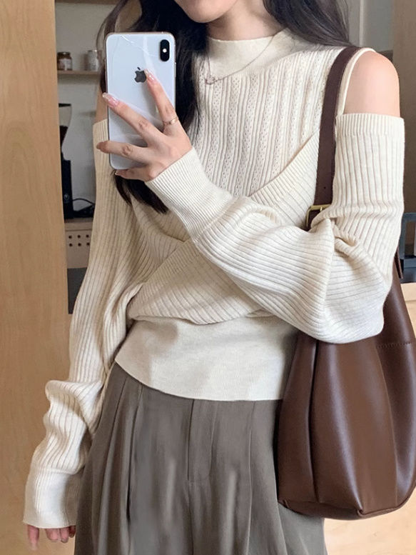 高級感露肩針織衫女氣質毛衣2023秋季新款不規則套頭設計上衣百搭