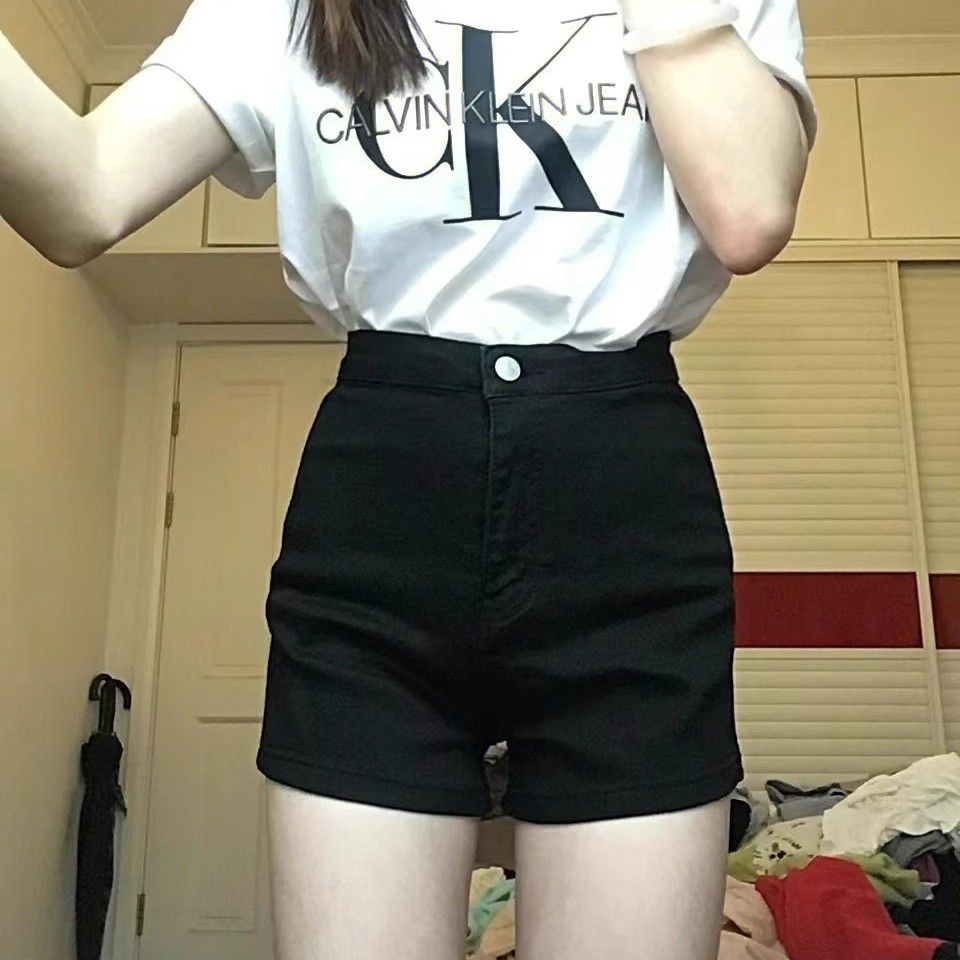 High-waisted black elastic slimming denim shorts for women disappearing style sexy bottoming hot pants for hot girls showing height a-line shorts