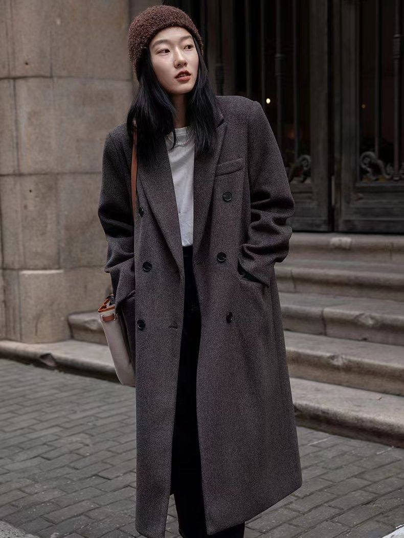 胖MM大碼灰色毛呢大衣外套女冬季高級感長款西裝呢子韓版小個子
