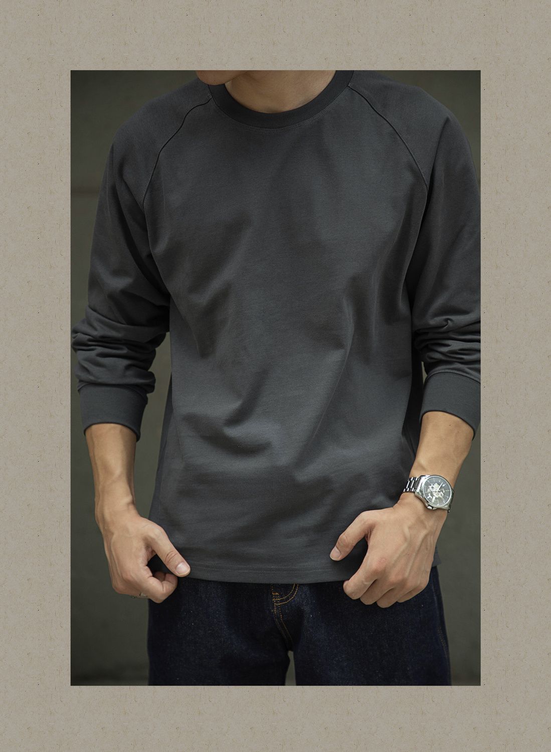 Herrtröja med lång ärm bomull amerikansk stil raglan_voghion.com