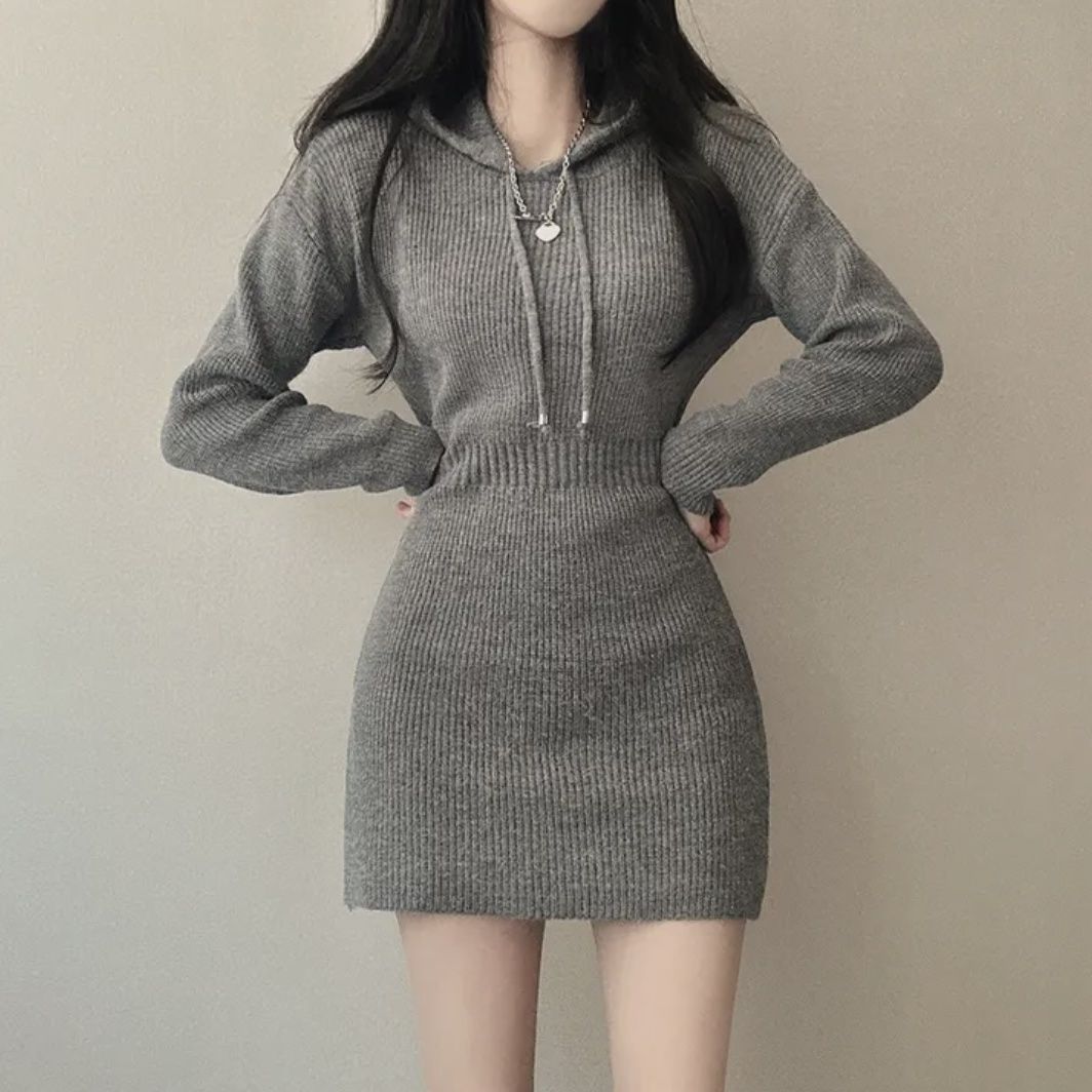 韩国chic秋季法式气质连帽设计修身显瘦加厚针织包臀长袖连衣裙女