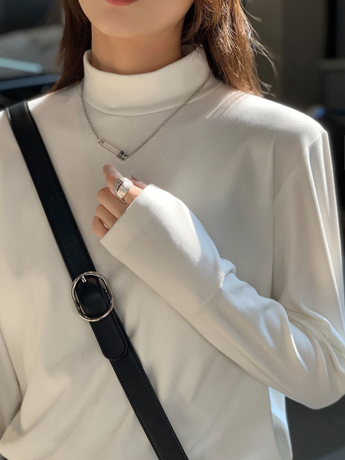 秋冬款新款白色加厚德絨打底衫女內搭半高領寬鬆保暖長袖t恤上衣T