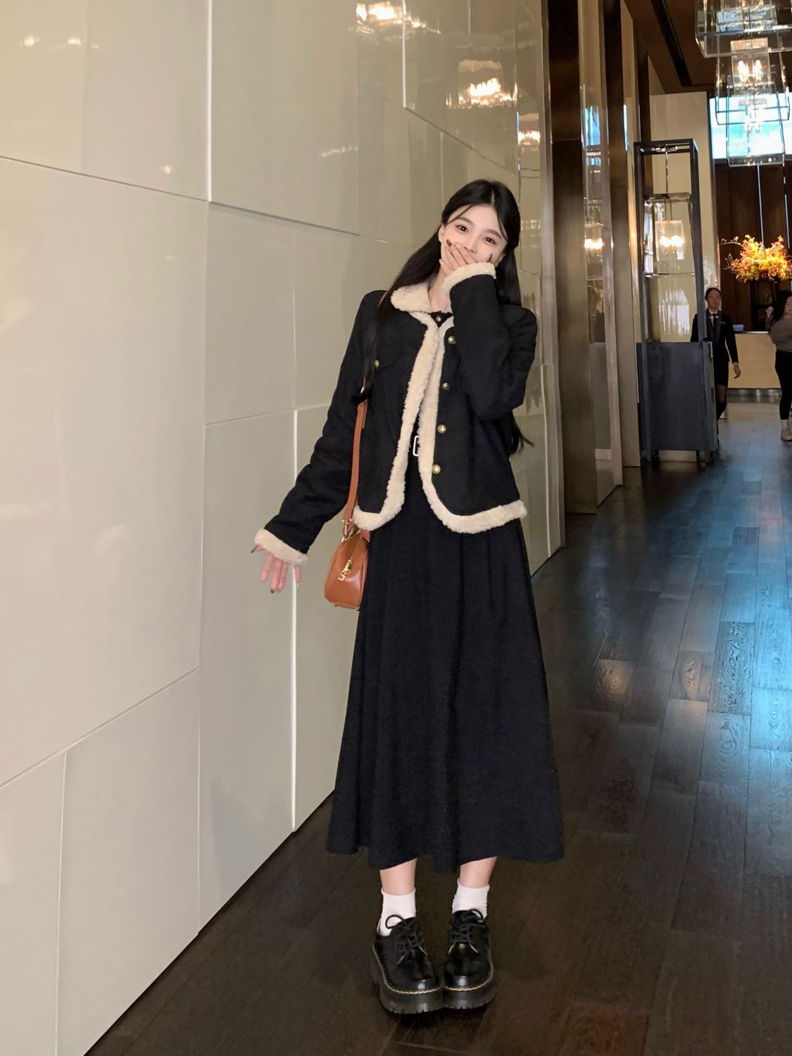 微胖MM秋冬搭配法式氣質小香風連衣裙羊羔毛絨外套裙子兩件套裝