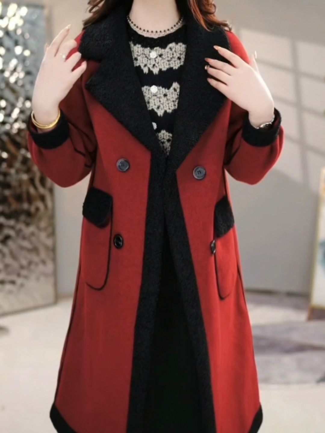 雪花泥雙面毛呢外套女2023秋冬新款加厚保暖時尚呢子大衣兩面穿