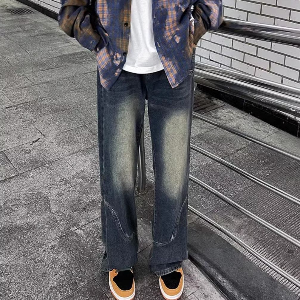 美式复古hiphop裤子高街拼接水洗蓝牛仔裤男宽松直筒设计感微喇裤