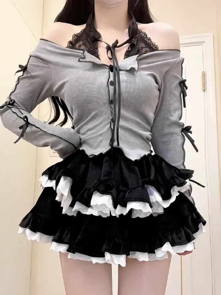 Miu感芭蕾 秋冬黑色燈芯絨短裙半身蓬蓬裙蛋糕裙女甜辣妹上衣套裝