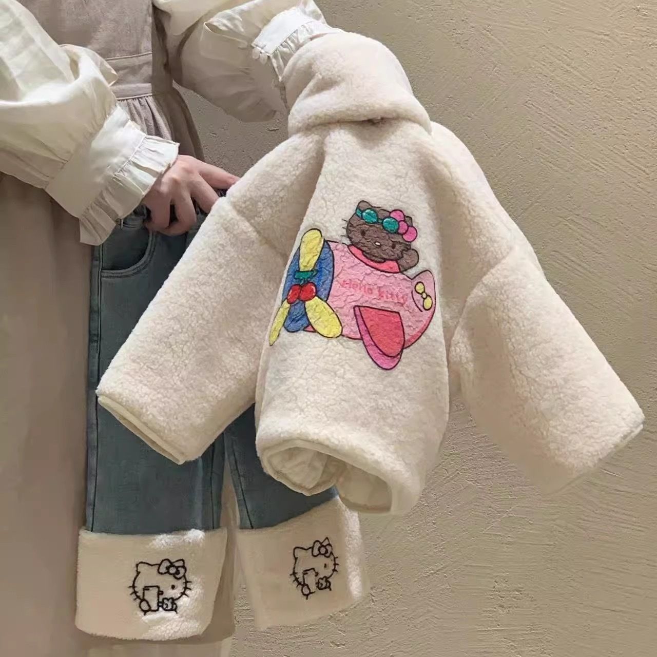 女童冬裝套裝2023新款女寶寶洋氣夾棉加厚毛外套加絨牛仔褲兩件套