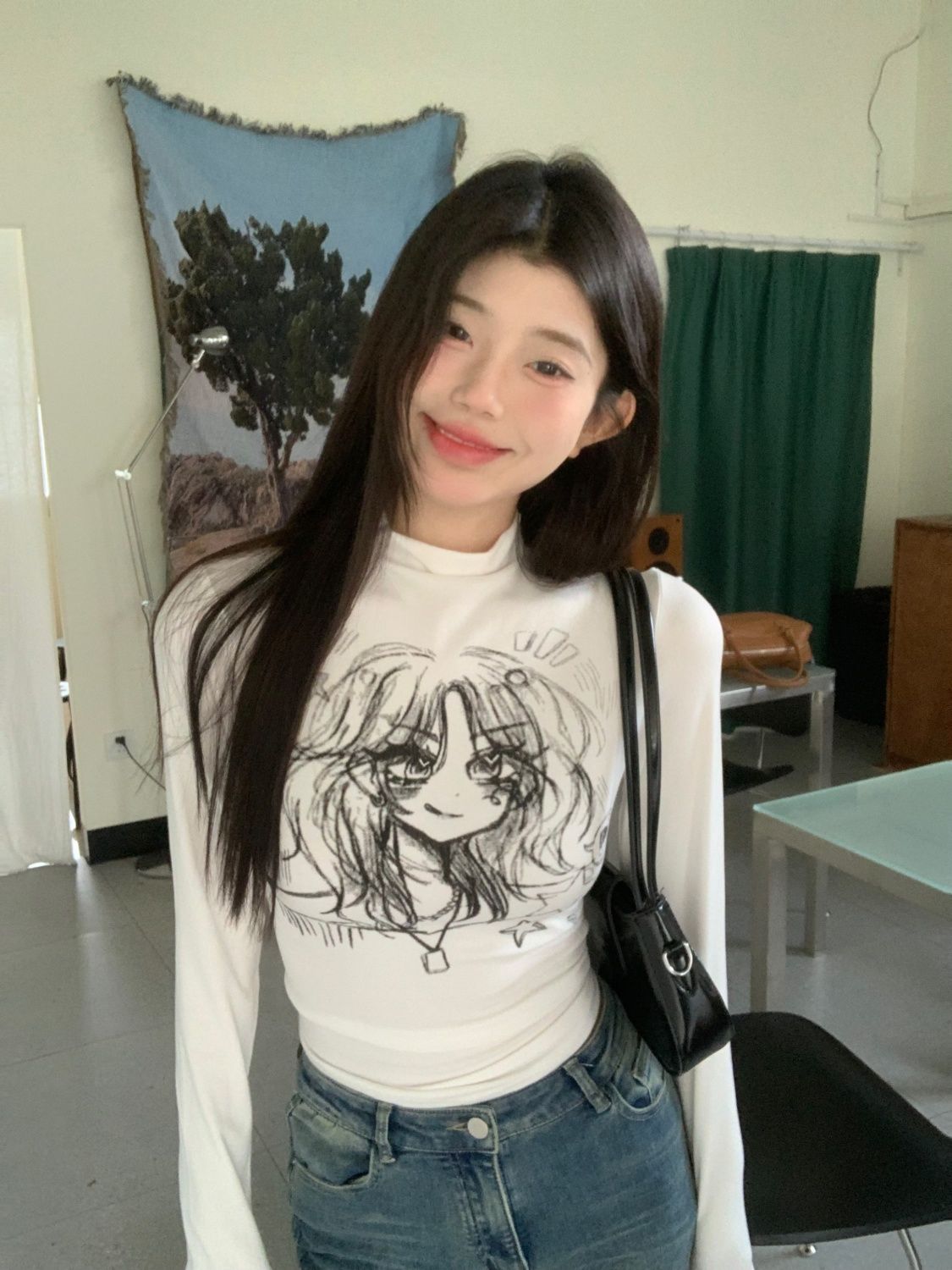 德絨半高領長袖T恤女秋冬季韓系修身保暖打底卡通印花辣妹上衣ins