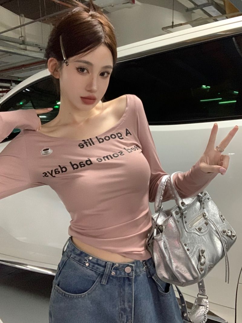 純欲辣妹字母印花粉色u領T恤女夏季顯瘦打底衫修身長袖秋季上衣潮