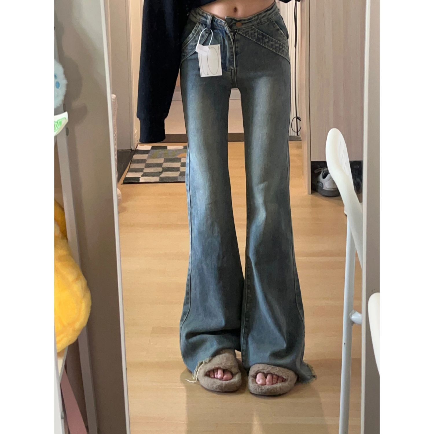 高個子美式毛邊微喇牛仔褲女秋冬新款復古設計感小眾顯瘦馬蹄褲子