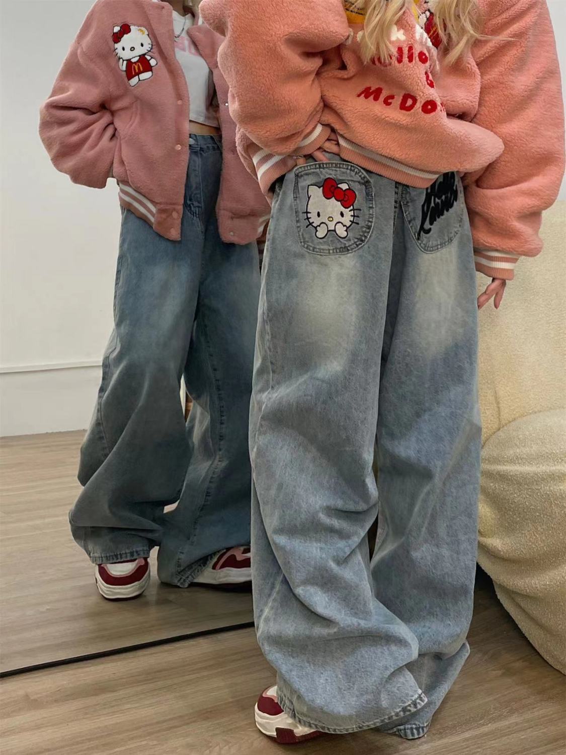 美式ins復古凱蒂貓口袋刺繡闊腿牛仔褲女秋冬高腰寬鬆顯瘦拖地褲