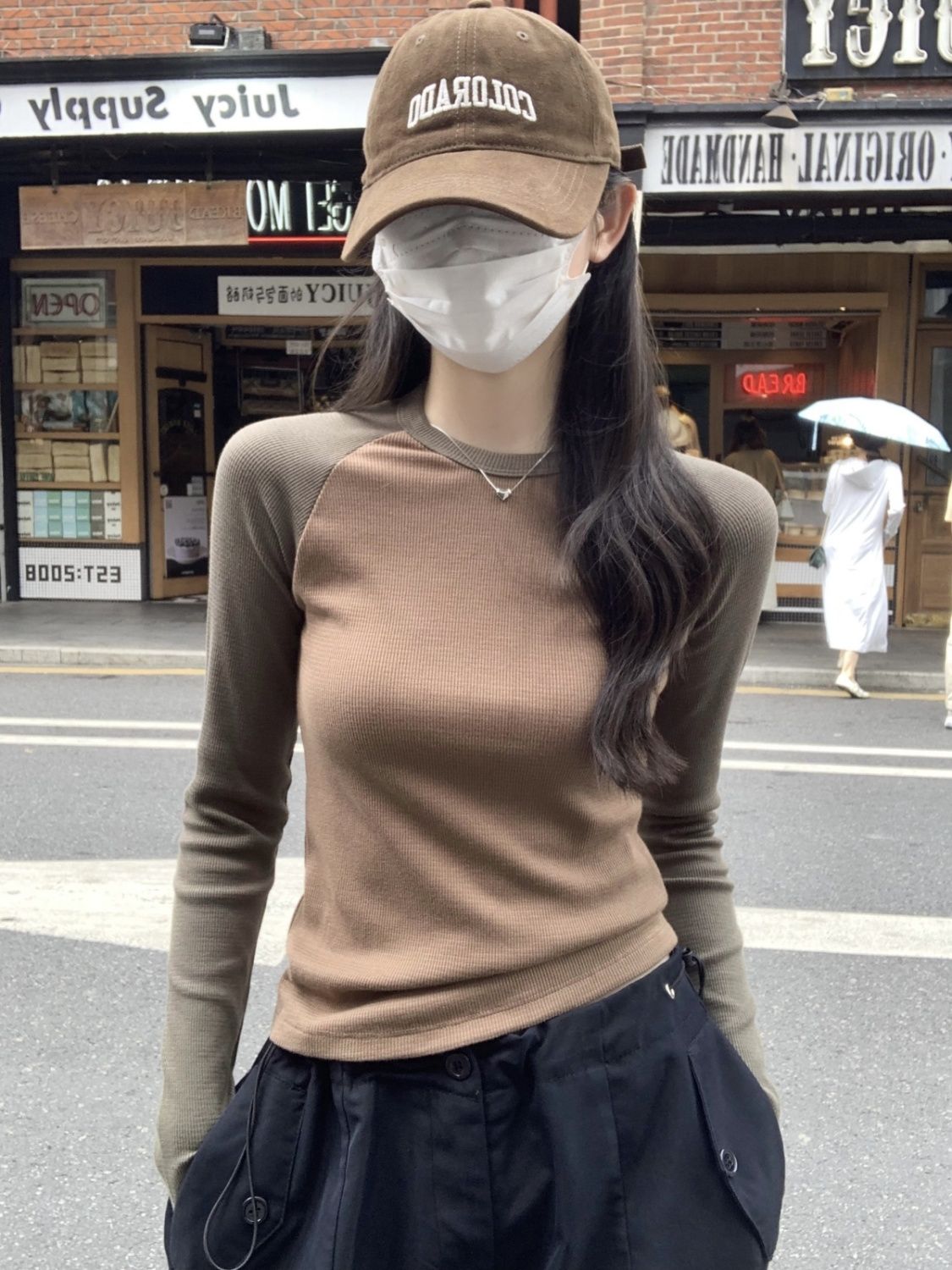 美式秋冬新款復古2023設計長袖T恤修身圓領拼接顯瘦短款打底上衣