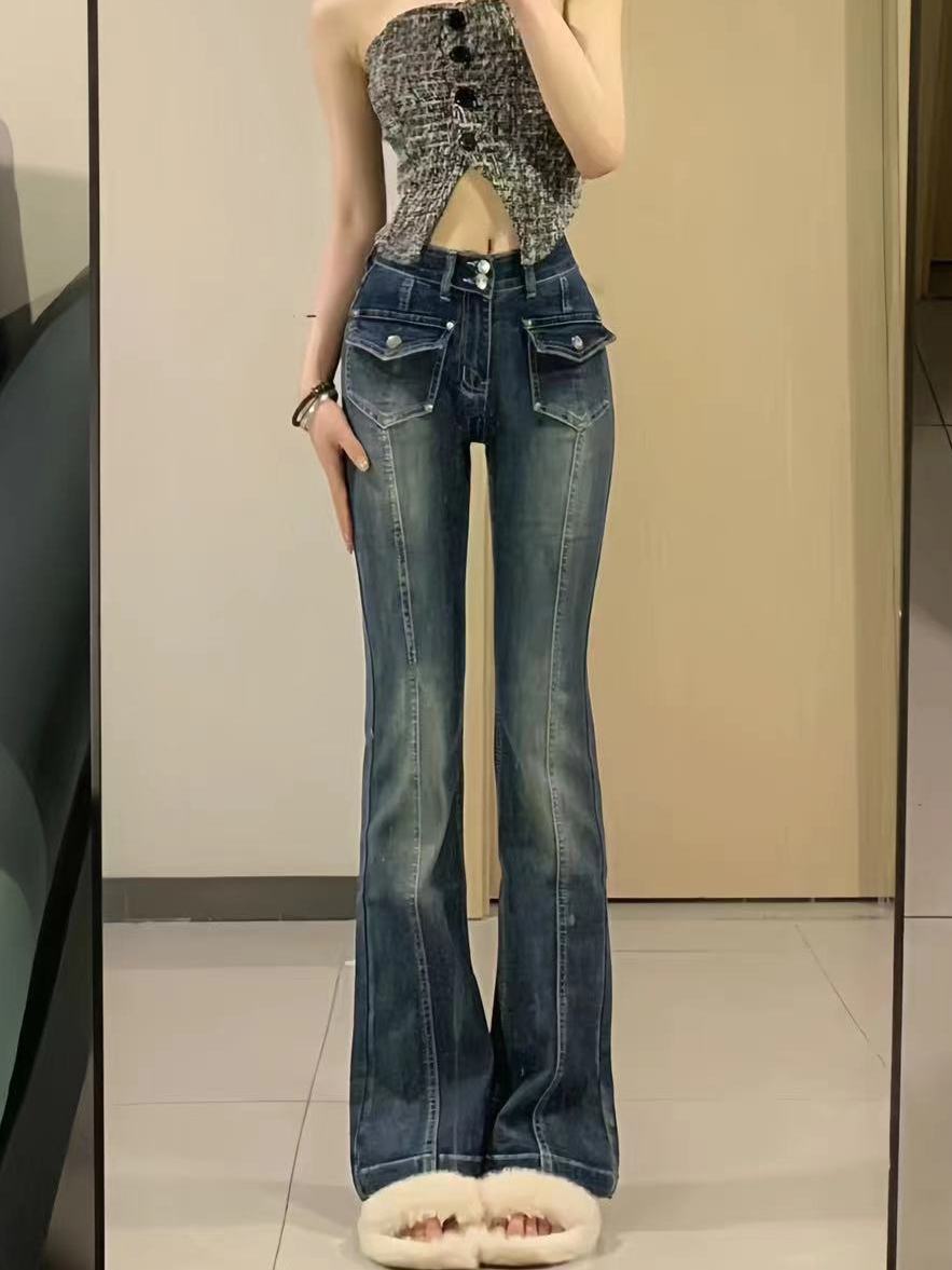 美式復古口袋設計感微叭牛仔褲女秋季高腰修身彈力顯瘦微喇叭褲