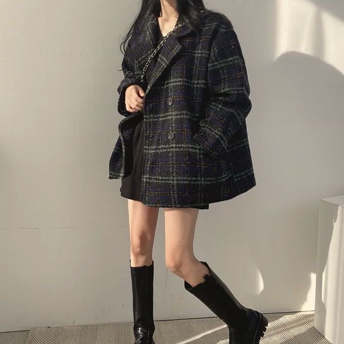 西装外套女秋冬新款韩版复古中长款时尚百搭加厚格子毛呢大衣