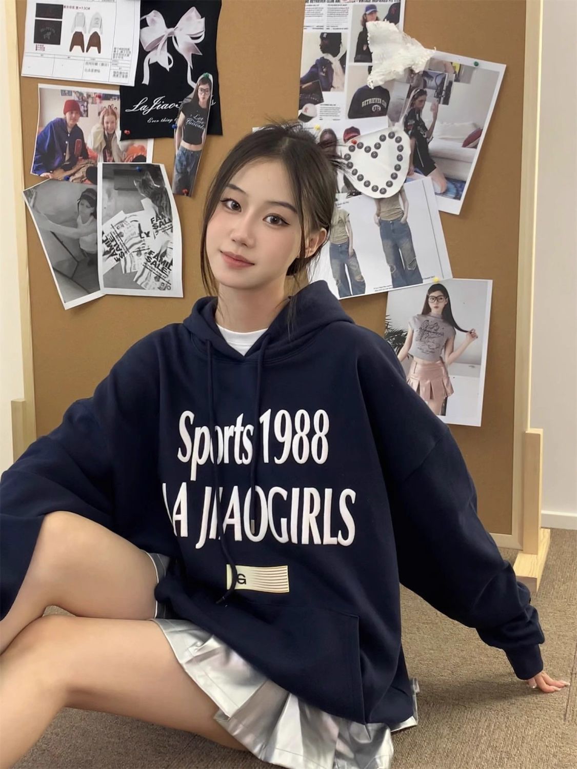 國潮美式復古重磅純棉連帽加絨加厚衛衣男女冬季新款旗幟印花外套