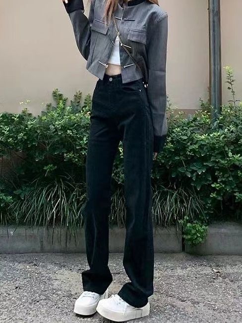 高街黑色窄版直筒牛仔褲女秋季高腰修身彈力闊腿顯瘦煙管褲ins潮