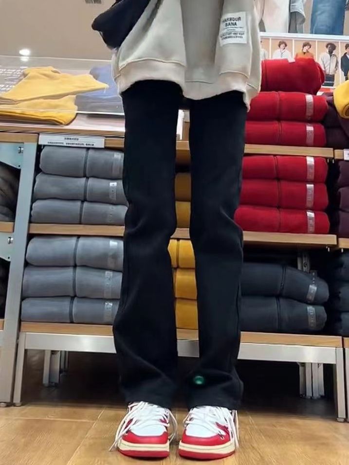 黑色窄版加長直筒牛仔褲女春秋高腰修身彈力闊腿顯瘦百搭煙管褲子