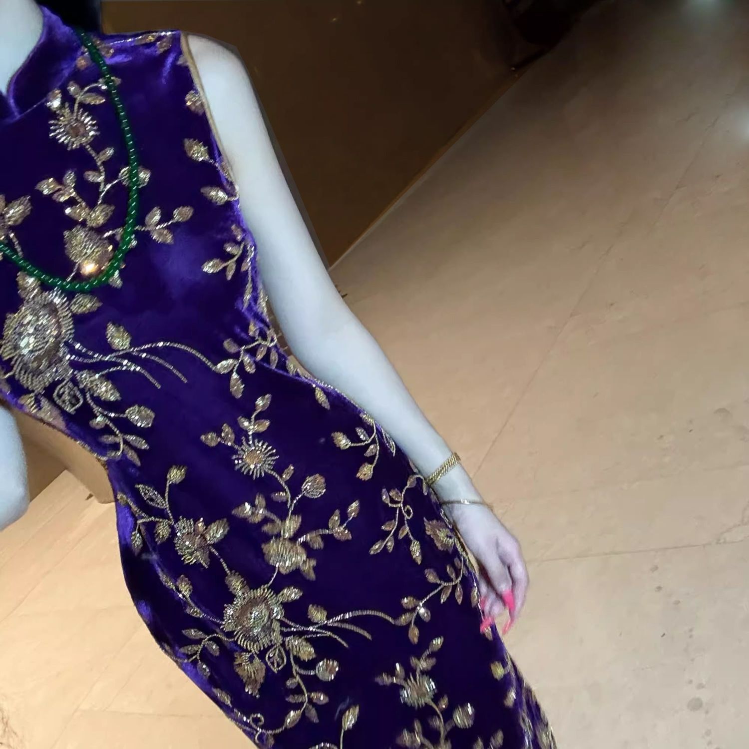 复古绝美旗袍气质中式修身女装显瘦重工刺绣珠旗袍 鎏金紫珠无袖【15天内发货】