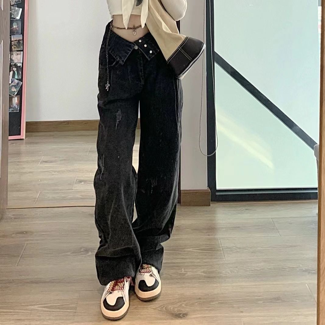 美式復古高街黑色牛仔褲女辣妹小個子寬鬆顯瘦直筒闊腿褲子ins潮