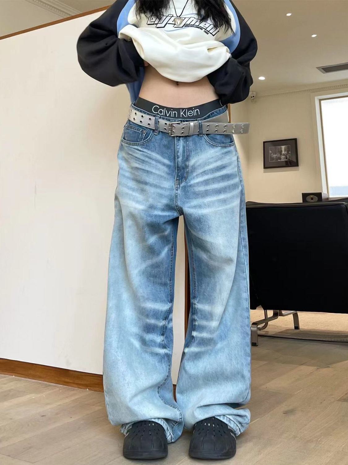 美式復古水波紋設計感直筒褲女秋冬高腰寬鬆垂感顯瘦闊腿拖地褲潮