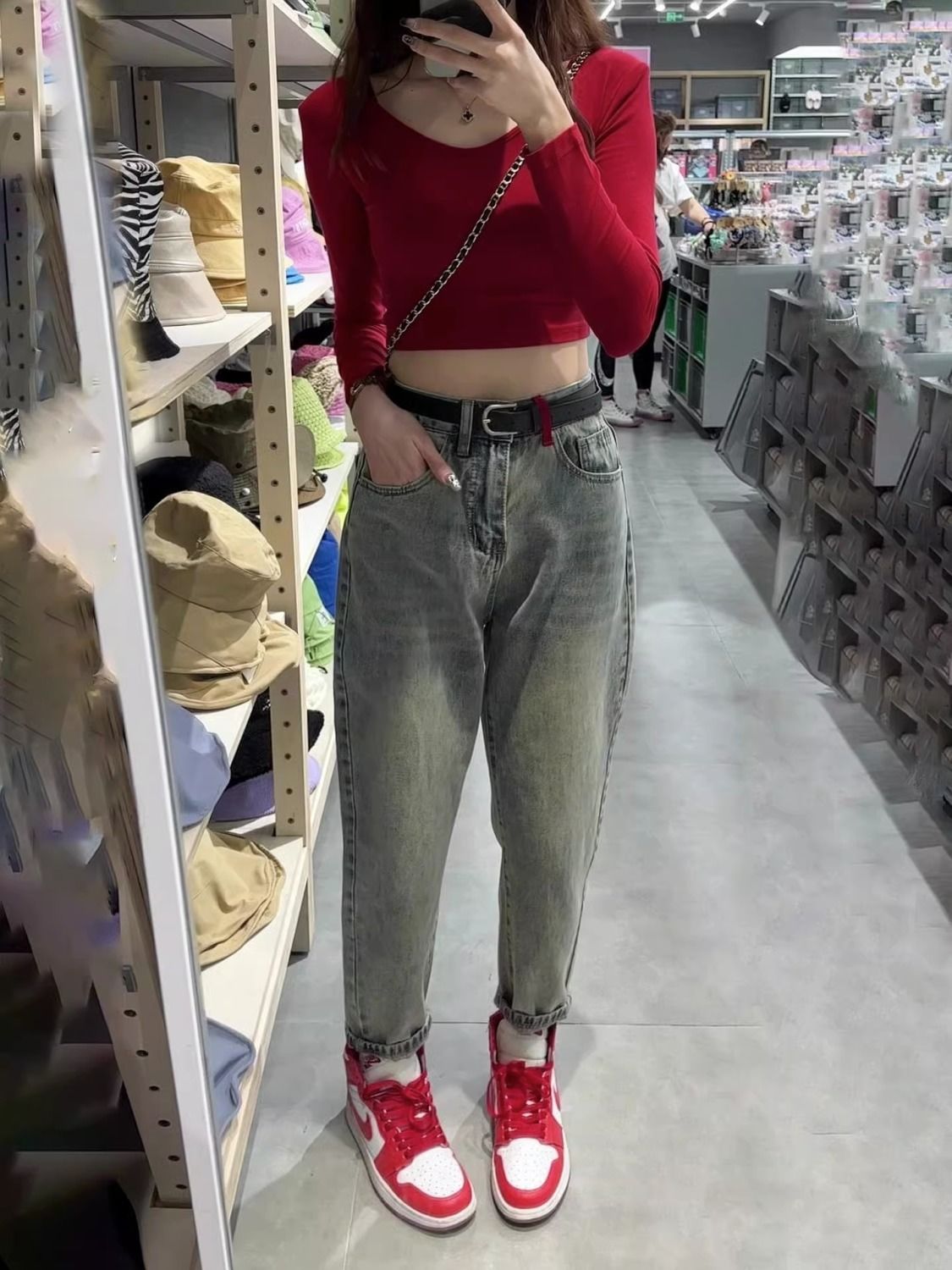 撞色口袋哈倫牛仔褲女2023年秋季新款大碼高腰寬鬆顯瘦直筒老爹褲