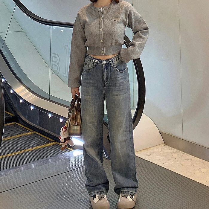 美式高街小眾設計感闊腿牛仔褲女秋冬新款高腰復古寬鬆顯瘦直筒褲
