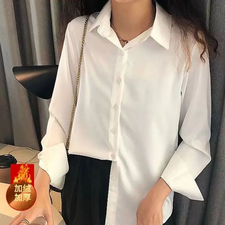 CONGRAZIO上衣女小眾設計感疊穿學院風白色加絨襯衫女春秋季襯衣
