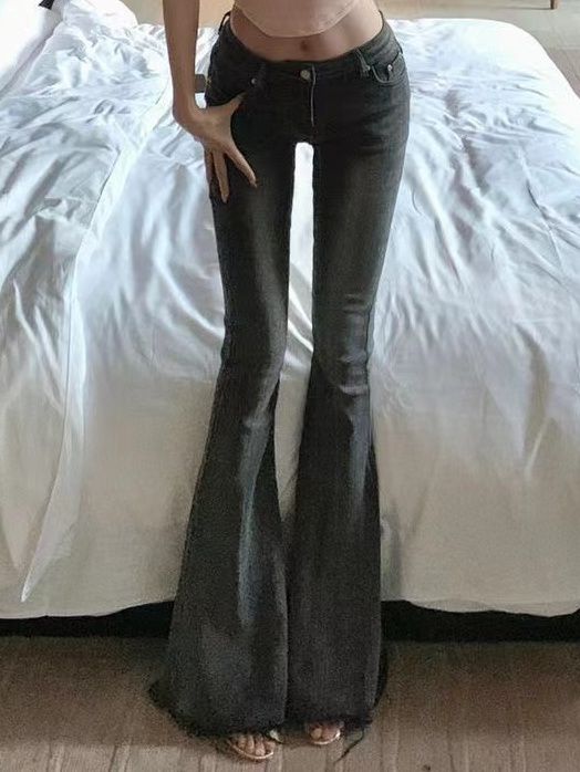 美式復古低腰煙灰色修身直筒鉚釘牛仔褲女小個子微喇叭長褲拖地褲