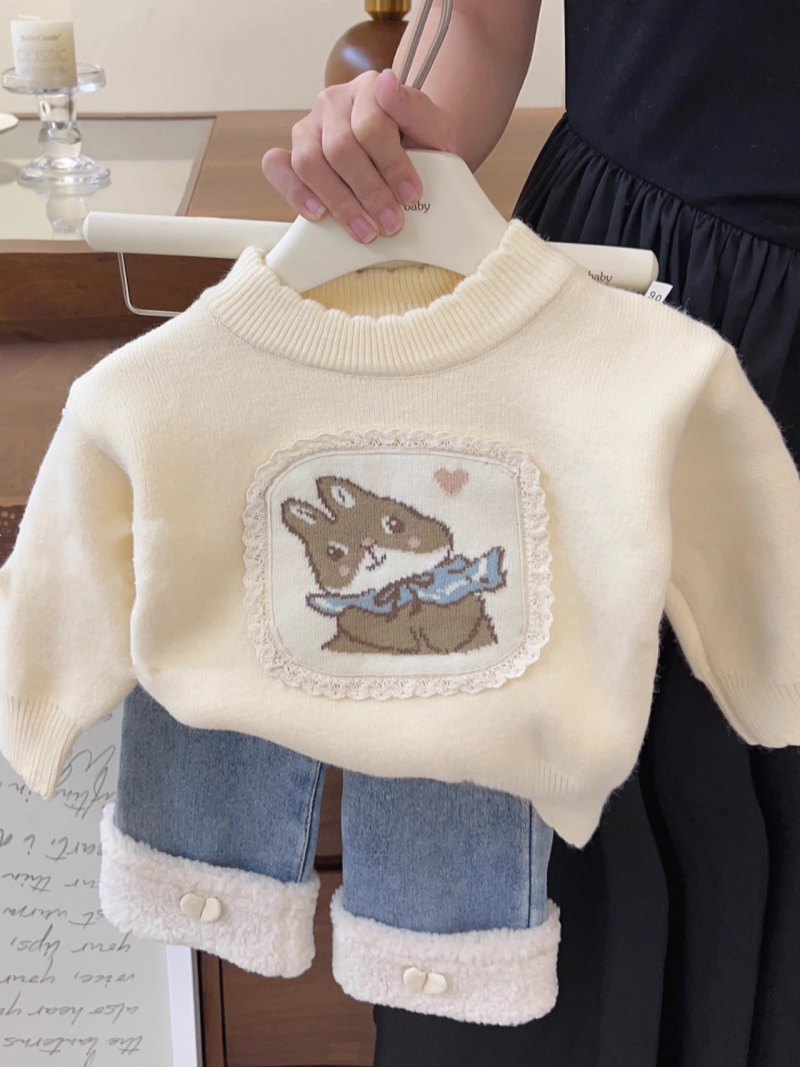 女童毛衣秋冬季2023新款针织套头儿童宝宝洋气一体绒打底加厚冬装