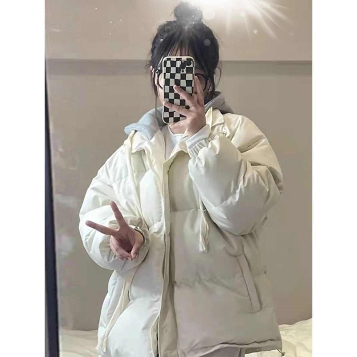 設計感假兩件學生韓版寬鬆棉服女2023冬季麵包服奶系穿搭棉衣外套
