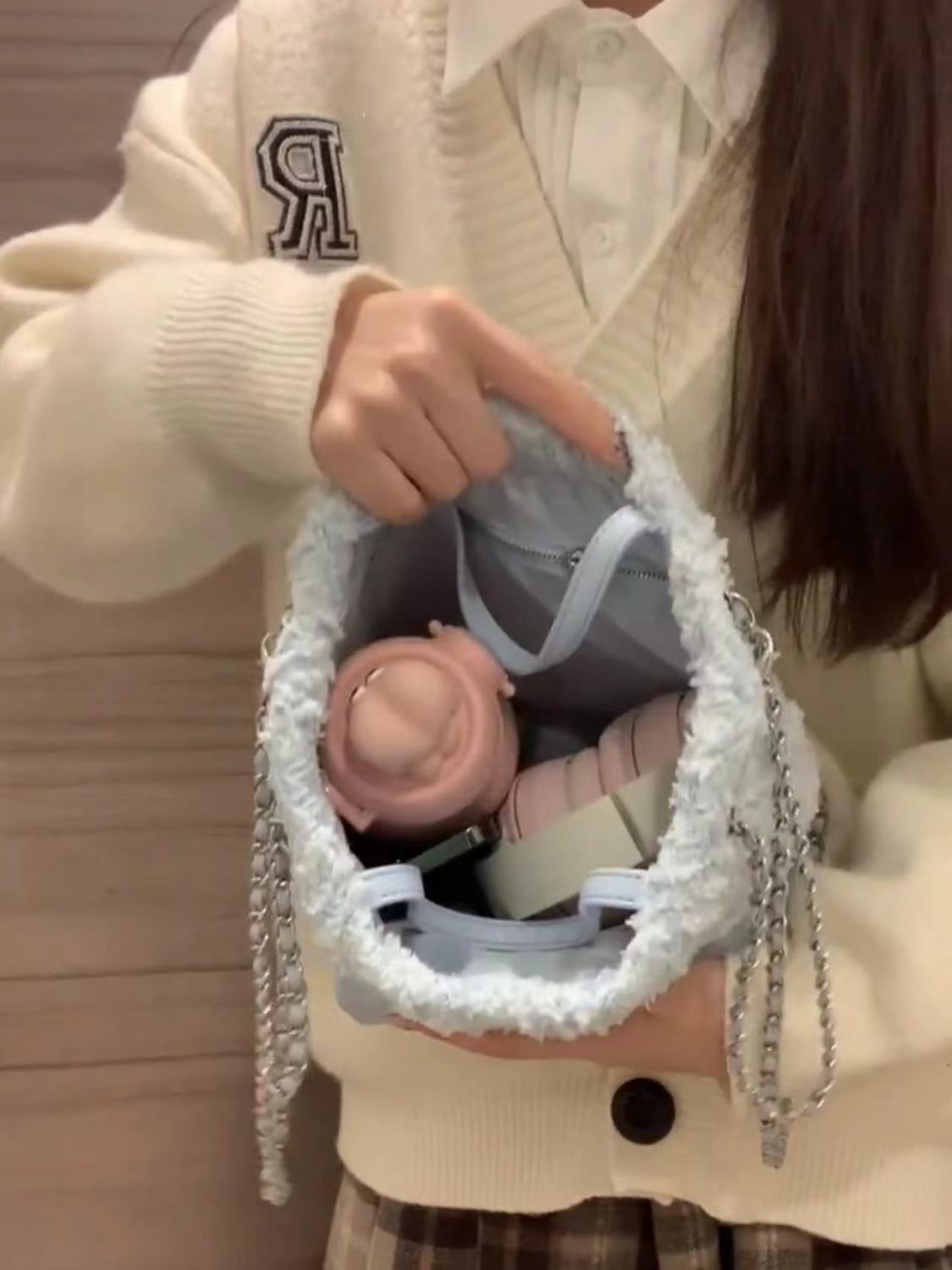 韓版呢子包包女秋冬2023新款小眾設計鏈條雙肩包多功能單肩手提包
