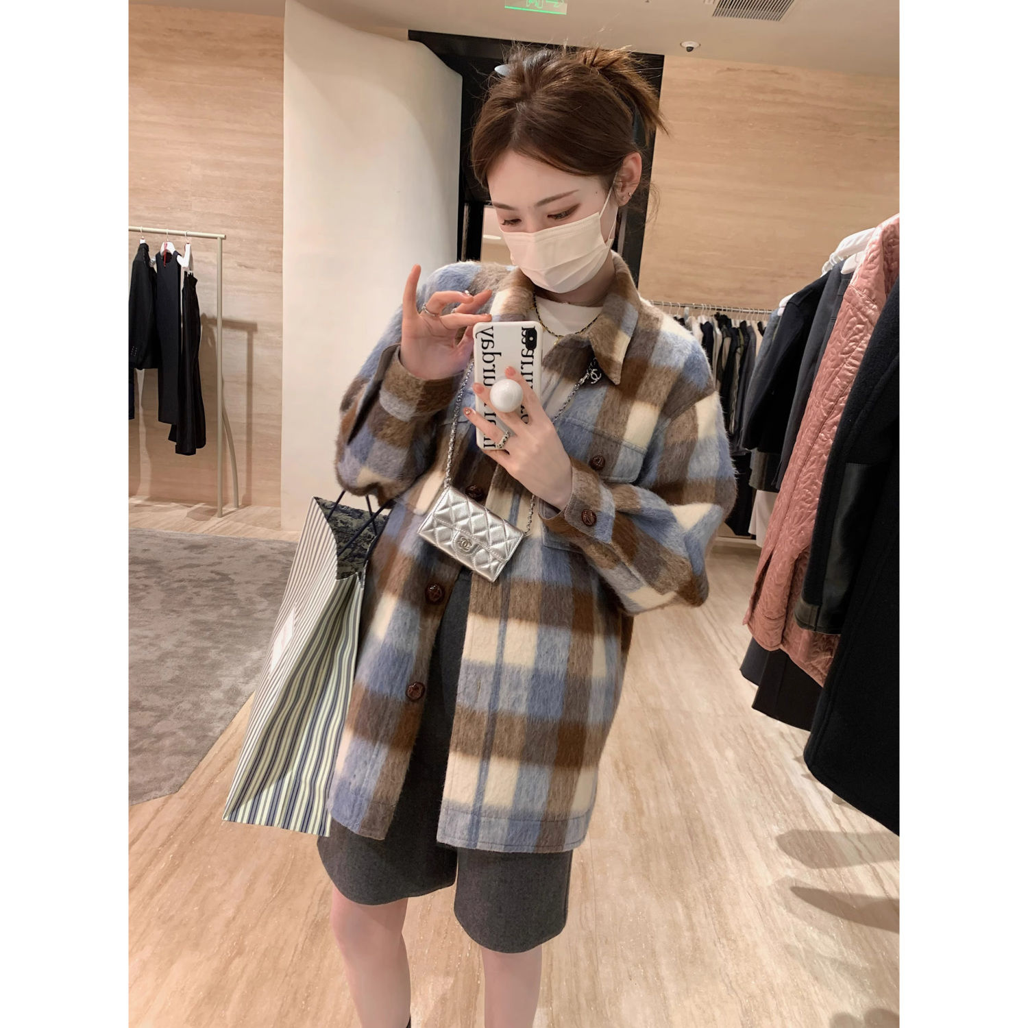 American retro woolen lazy contrasting plaid jacket for women in autumn and winter new design loose and versatile jacket top