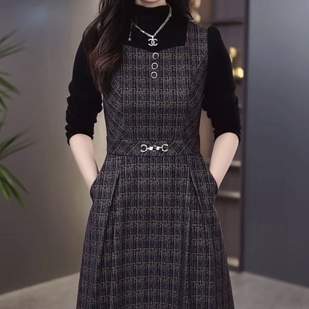 加厚磨毛精紡格子連衣裙秋冬2023時尚新款女氣質顯瘦假兩件套裙子
