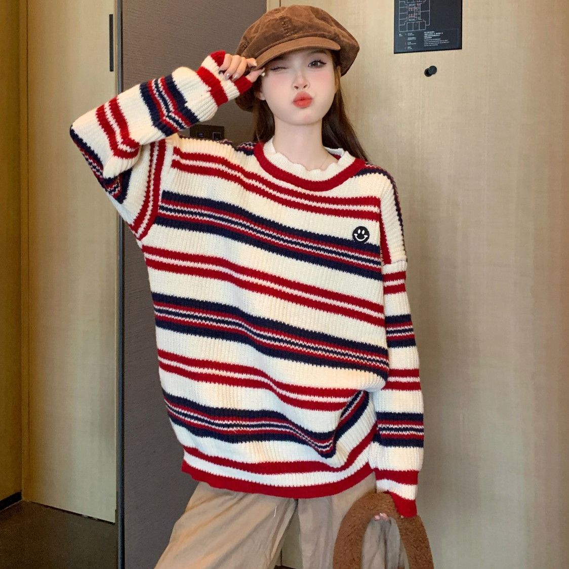 撞色條紋毛衣慵懶風女秋冬季穿搭新款高級感超好看寬鬆針織衫上衣