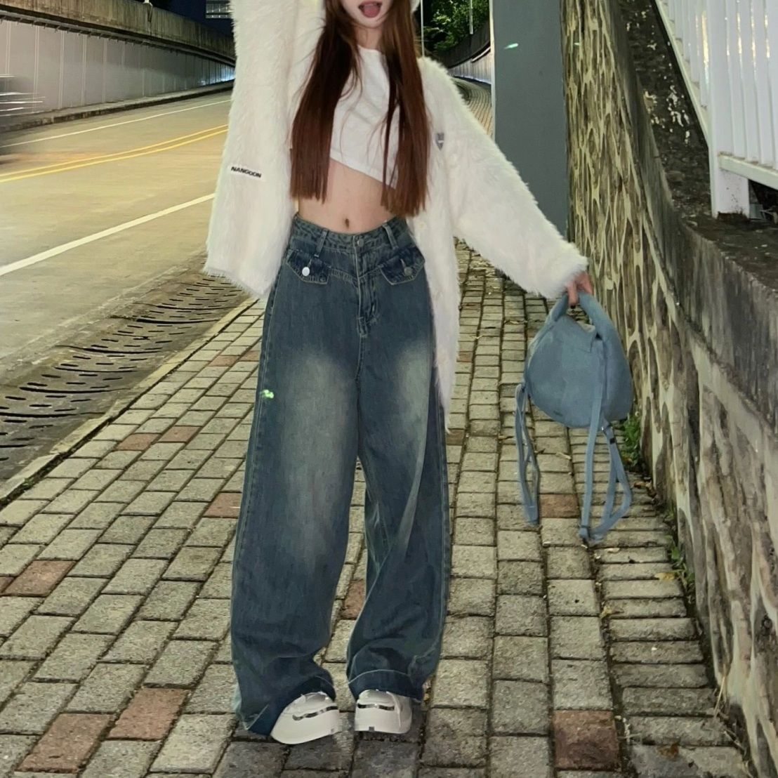 大碼復古慵懶風寬鬆百搭直筒牛仔褲女美拉德胖mm辣妹闊腿高街長褲