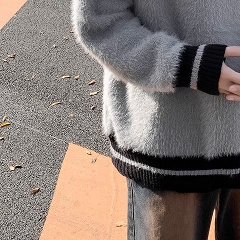 港風仿貂絨軟糯毛衣男秋冬慵懶風半高領條紋設計感小眾針織衫外套