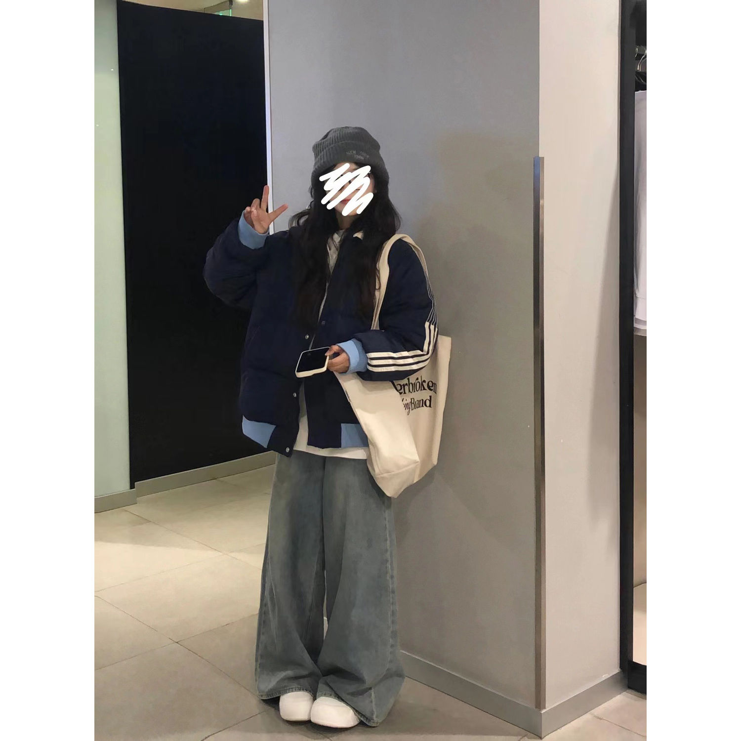 藏青色美式拼接立領棉衣棉服女2023冬季新款條紋加厚oversize棉襖