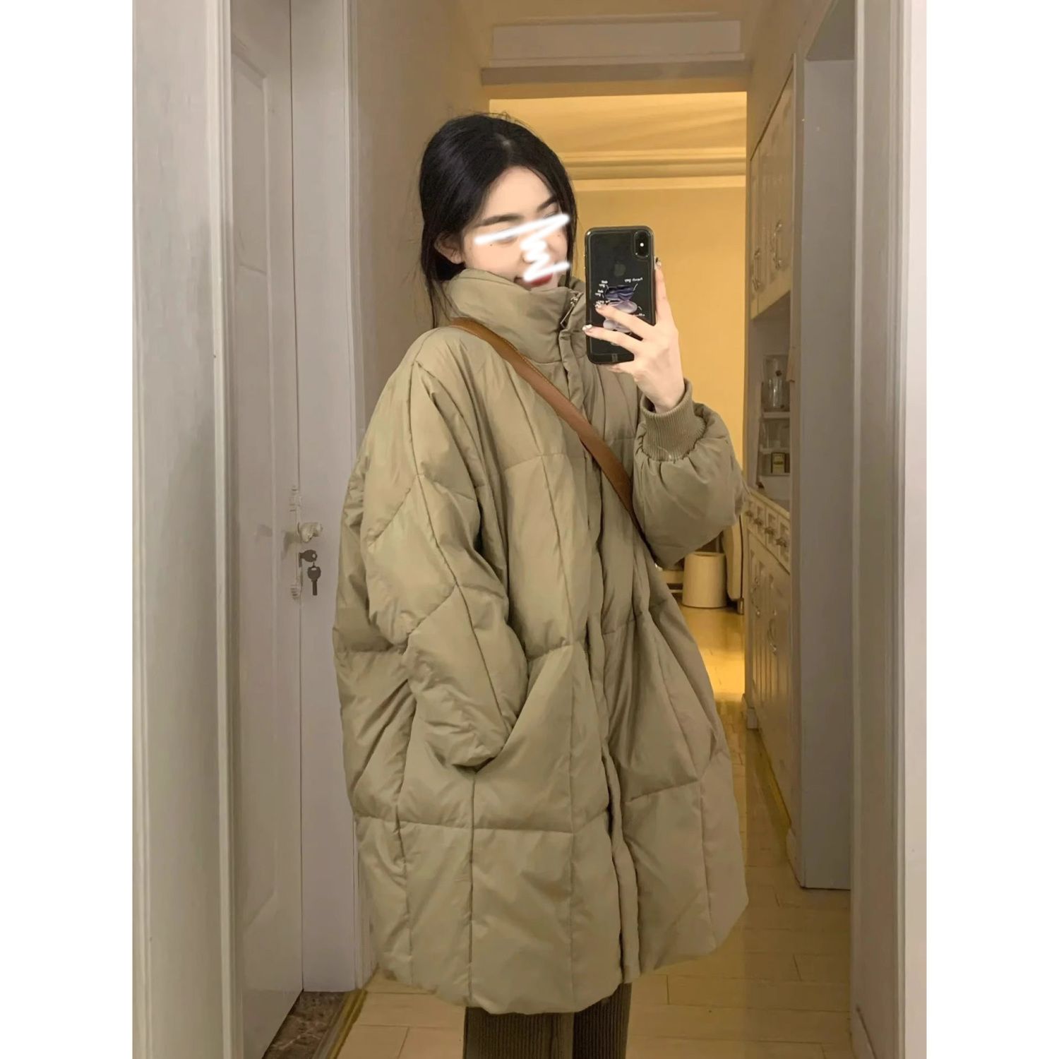 韩系美拉德穿搭中长款蝙蝠袖棉服女冬季新款复古宽松加厚保暖棉衣