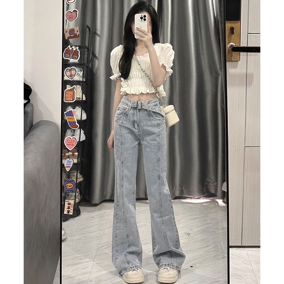 秋季韓版做舊高腰牛仔褲女寬鬆顯瘦闊腿微喇設計感百搭直筒長褲